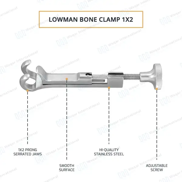 Lowman Bone Clamp 8″ 1×2 Prong Jaws 1 1/4″ Wide - orthopedic instruments manufactured by Waqar International, Sialkot - view 4
