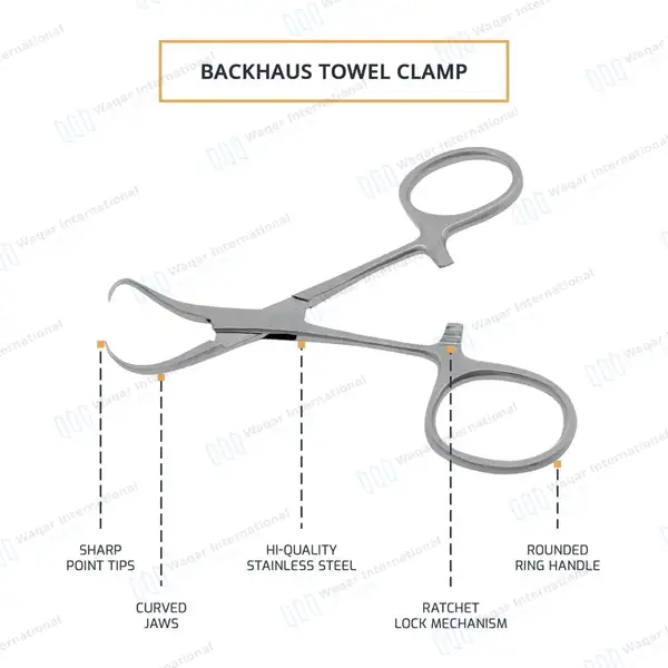 Backhaus Towel Clamp Forceps 4.3″ (11cm) Curved Pointed Jaws - surgical instruments manufactured by Waqar International, Sialkot - view 4