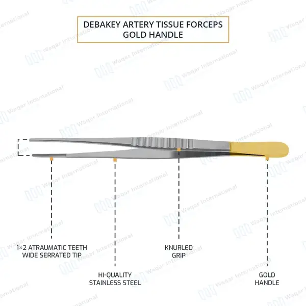 5 DeBakey Atraumatic Tissue Forceps Set 2mm Tip Gold Handle - surgical instruments manufactured by Waqar International, Sialkot - view 4