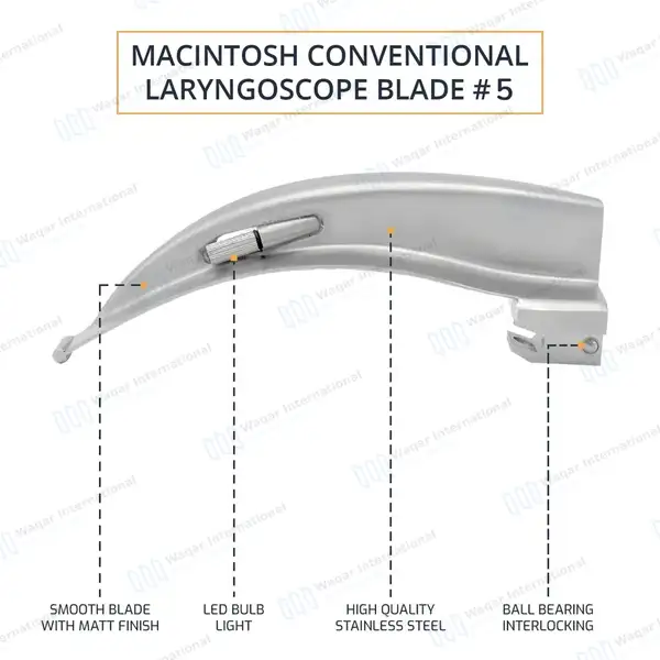 Mac Blade #5 with Conventional Laryngoscope Medium Handle - surgical instruments manufactured by Waqar International, Sialkot - view 5