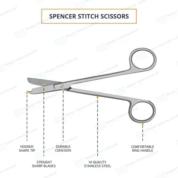 Spencer Stitch Scissors 3.5″ Hook Tip Round Pattern - surgical instruments manufactured by Waqar International, Sialkot - view 4