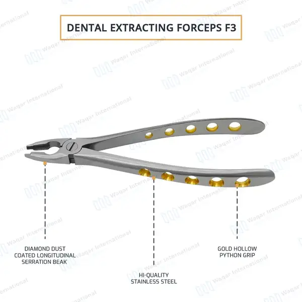 Dental Extracting Forceps #F3 Diamond Dusted Tips Gold Handle - surgical instruments manufactured by Waqar International, Sialkot - view 4