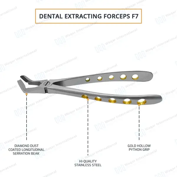 Dental Extracting Forceps #F7 Diamond Dusted Tips Gold Handle - surgical instruments manufactured by Waqar International, Sialkot - view 4