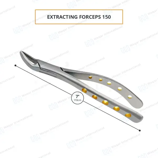 Extraction Forceps #150 Upper Incisors Gold Hollow Python Grip Handle - dental instruments manufactured by Waqar International, Sialkot - view 2