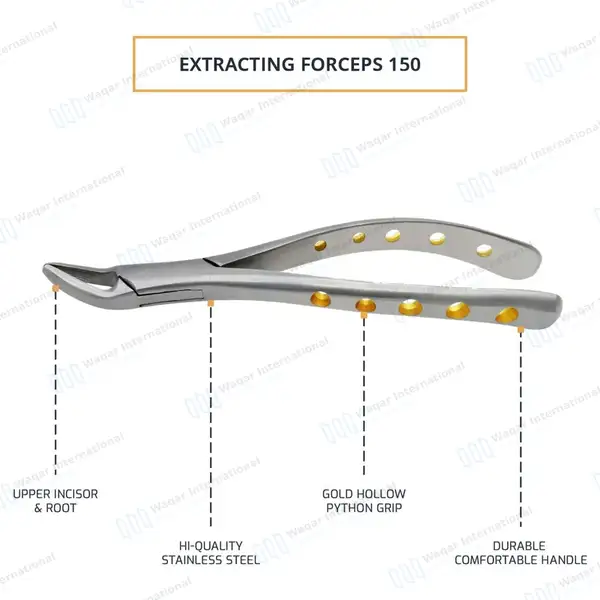 Extraction Forceps #150 Upper Incisors Gold Hollow Python Grip Handle - dental instruments manufactured by Waqar International, Sialkot - view 4