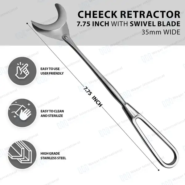 6 Cheek Retractors 7.75″ (19.7cm) with Swivel Blade 35mm Wide - surgical instruments manufactured by Waqar International, Sialkot - view 4