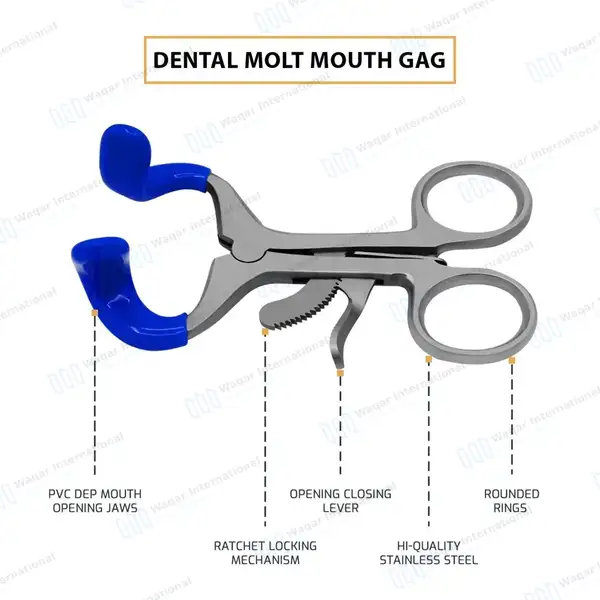 3 Molt Mouth Gag Set 3.5″, 4.5″ & 5.5″ Blue PVC Grip Blades - surgical instruments manufactured by Waqar International, Sialkot - view 4