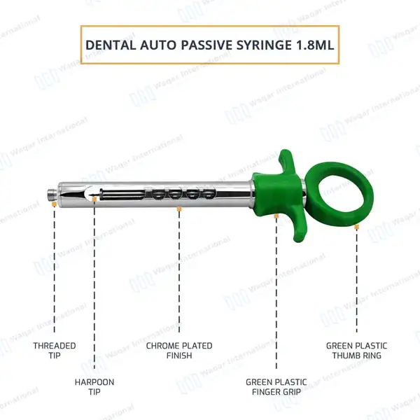 Dental Anesthetic Self Aspirating Syringe 1.8ml Auto Passive Green Plastic Handle - surgical instruments manufactured by Waqar International, Sialkot - view 4