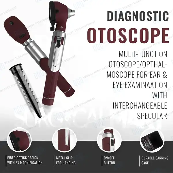 Fiber Optic Mini Otoscope & Ophthalmoscope ENT Diagnostic Set – Burgundy - surgical instruments manufactured by Waqar International, Sialkot - view 6