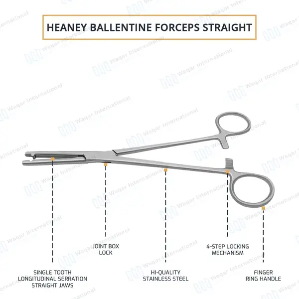Heaney-Ballentine Hysterectomy Forcep 8.5″ Straight Longitudinal Serrated Single Tooth - surgical instruments manufactured by Waqar International, Sialkot - view 4