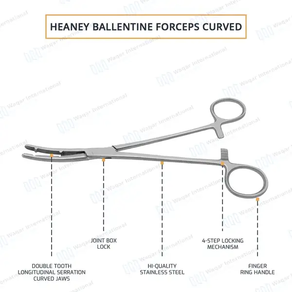 Heaney-Ballentine Hysterectomy Forcep 8.5″ Curved Longitudinal Serrated Double Tooth - surgical instruments manufactured by Waqar International, Sialkot - view 4