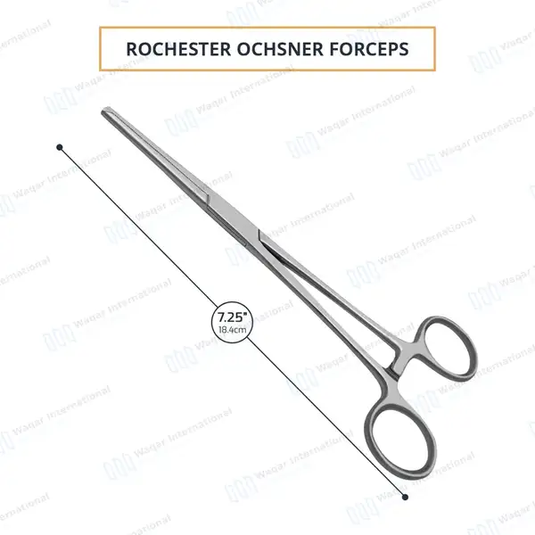Rochester-Ochsner Forceps 7.25″ Straight 1×2 Teeth Serrated Jaws - surgical instruments manufactured by Waqar International, Sialkot - view 3