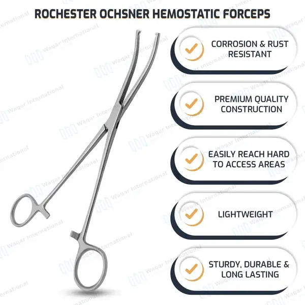 Rochester-Ochsner Forceps 7.25″ Curved 1×2 Teeth Serrated Jaws - surgical instruments manufactured by Waqar International, Sialkot - view 8