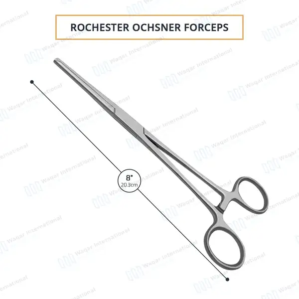 Rochester-Ochsner Forceps 8″ Straight 1×2 Teeth Serrated Jaws - surgical instruments manufactured by Waqar International, Sialkot - view 3