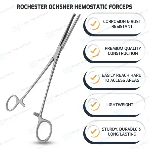 Rochester-Ochsner Forceps 8″ Straight 1×2 Teeth Serrated Jaws - surgical instruments manufactured by Waqar International, Sialkot - view 8
