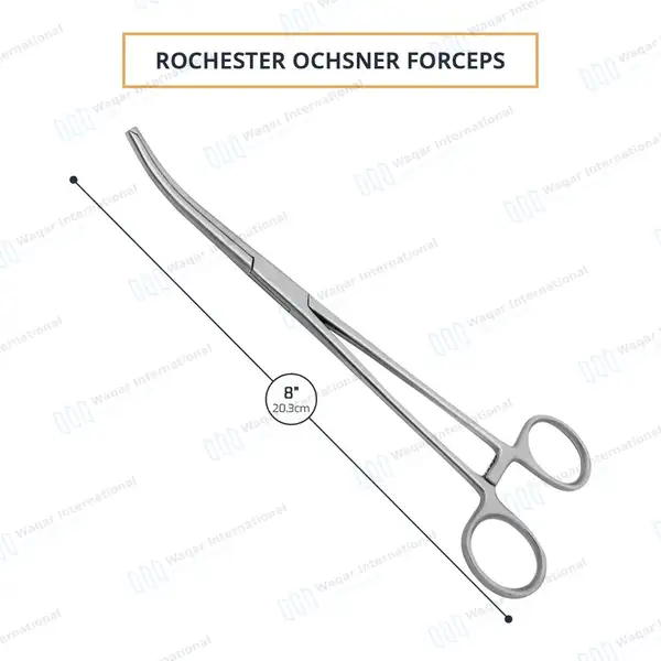 Rochester-Ochsner Forceps 8″ Curved 1×2 Teeth Serrated Jaws - surgical instruments manufactured by Waqar International, Sialkot - view 3