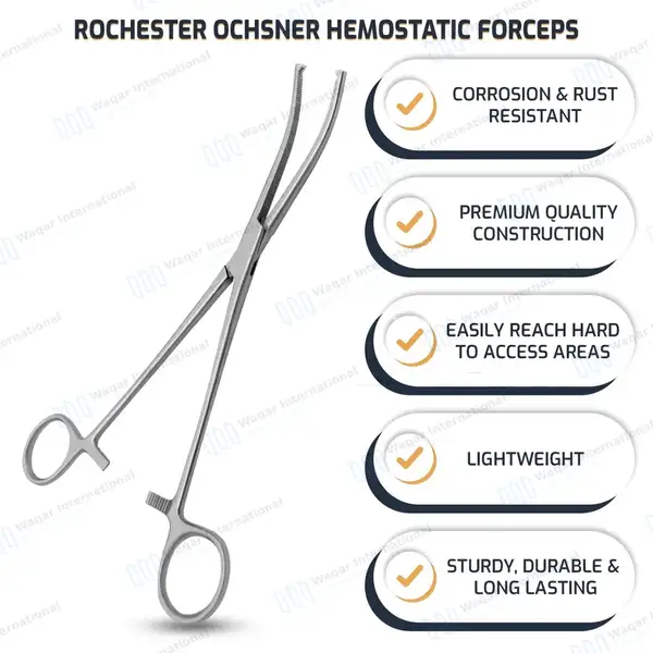 Rochester-Ochsner Forceps 8″ Curved 1×2 Teeth Serrated Jaws - surgical instruments manufactured by Waqar International, Sialkot - view 8