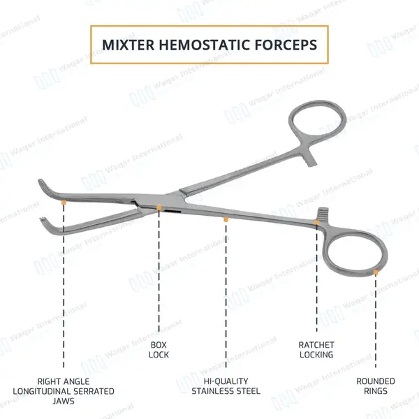 Mixter Forceps 9″ (22.9cm) Right Angled Longitudinal Serration Jaws - surgical instruments manufactured by Waqar International, Sialkot - view 4