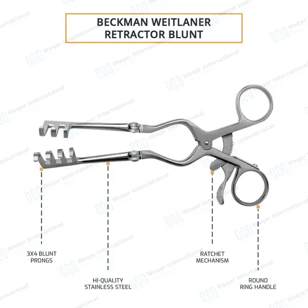 Beckman Weitlaner Retractor 6.5″ 3×4 Blunt Prong Hinged Blade - surgical instruments manufactured by Waqar International, Sialkot - view 4