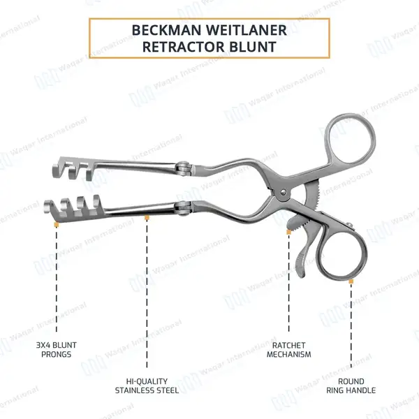 Beckman Weitlaner Retractor 9″ 3×4 Blunt Prong Hinged Blade - surgical instruments manufactured by Waqar International, Sialkot - view 4