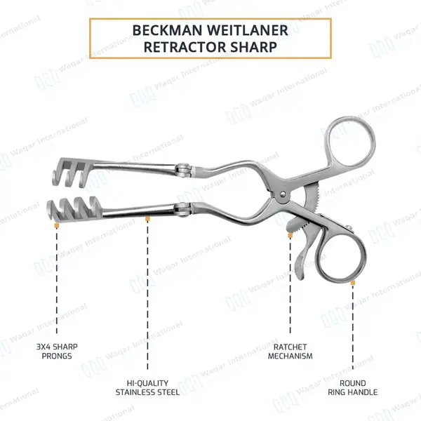 Beckman Weitlaner Retractor 6.5″ 3×4 Sharp Prong Hinged Blade - surgical instruments manufactured by Waqar International, Sialkot - view 4