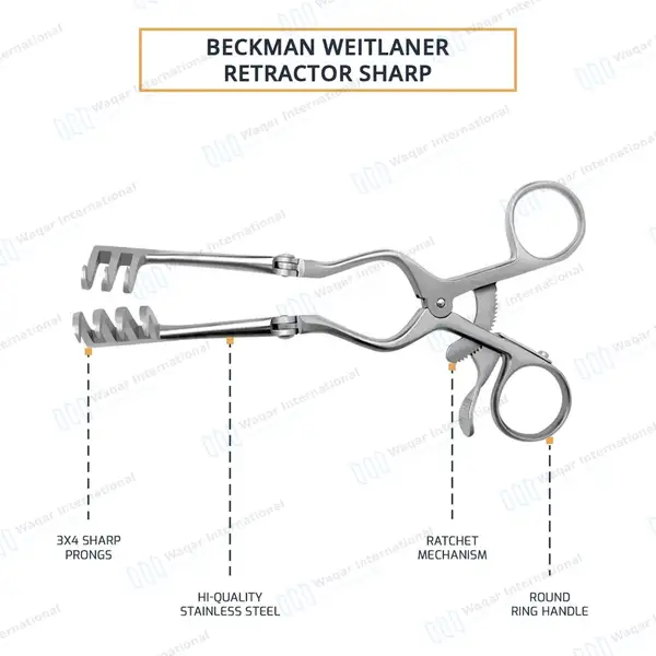 Beckman Weitlaner Retractor 9″ 3×4 Sharp Prong Hinged Blade - surgical instruments manufactured by Waqar International, Sialkot - view 4
