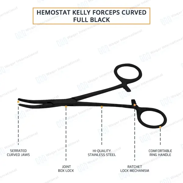 Kelly Forceps 5.5″ Curved Full Black Coated - surgical instruments manufactured by Waqar International, Sialkot - view 4