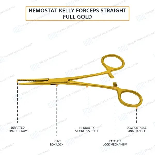 Kelly Hemostat Forceps 5.5″ Straight Full Gold - surgical instruments manufactured by Waqar International, Sialkot - view 4