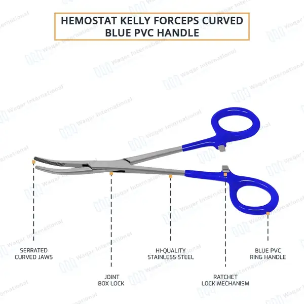 Kelly Hemostatic Forceps Curved 6.25″ Blue PVC Handle - surgical instruments manufactured by Waqar International, Sialkot - view 4