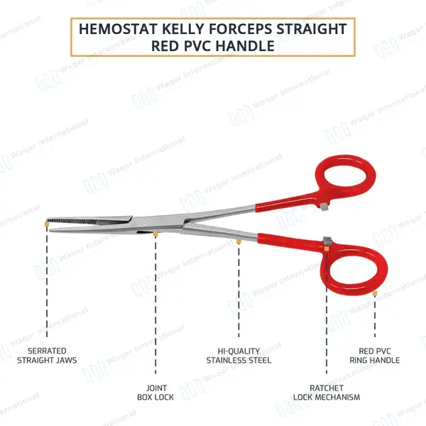 Kelly Hemostatic Forceps Straight 5.5″ Red PVC Handle - surgical instruments manufactured by Waqar International, Sialkot - view 4