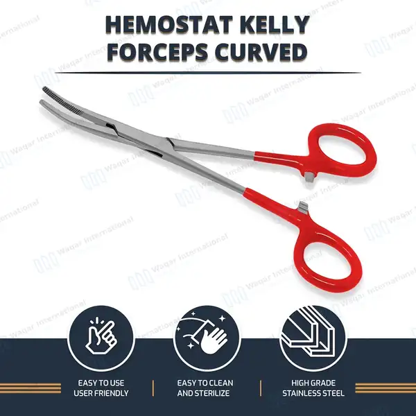 Kelly Hemostatic Forceps Curved 5.5″ Red PVC Handle - surgical instruments manufactured by Waqar International, Sialkot - view 7