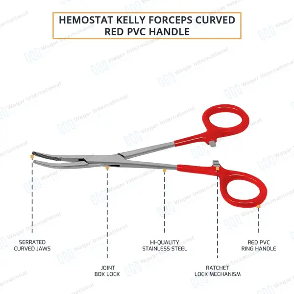 Kelly Hemostatic Forceps Curved 6.25″ Red PVC Handle - surgical instruments manufactured by Waqar International, Sialkot - view 4