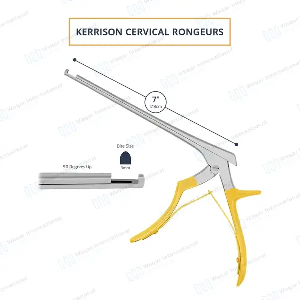 Kerrison Rongeur 7″ Shaft 90° Up Thin Footplate 3mm Bite – Gold - surgical instruments manufactured by Waqar International, Sialkot - view 3