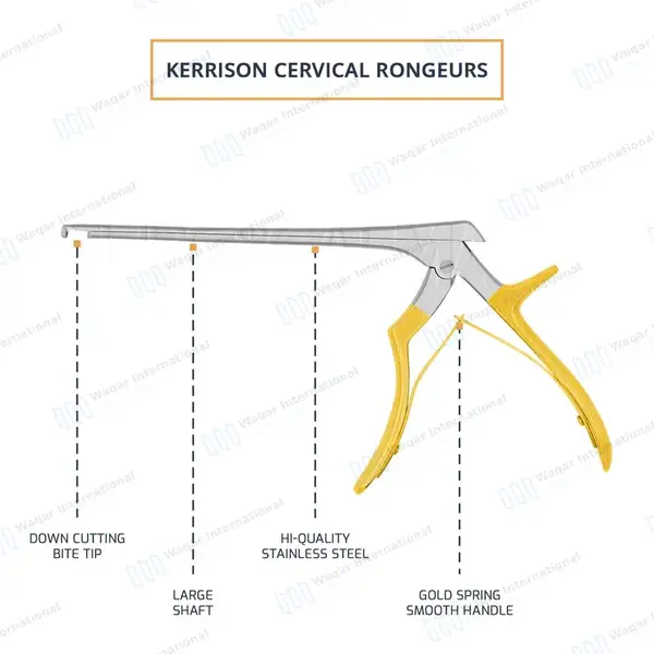 Kerrison Rongeur 7″ Shaft 90° Down Thin Footplate 1mm Bite – Gold - surgical instruments manufactured by Waqar International, Sialkot - view 3