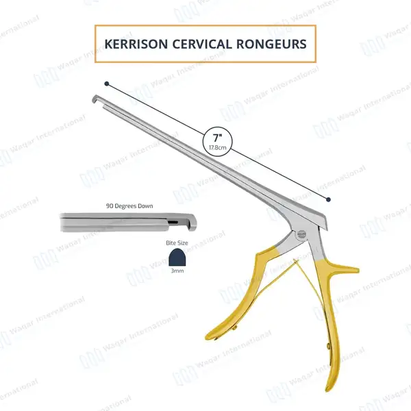 Kerrison Rongeur 7″ Shaft 90° Down Thin Footplate 3mm Bite – Gold - surgical instruments manufactured by Waqar International, Sialkot - view 3