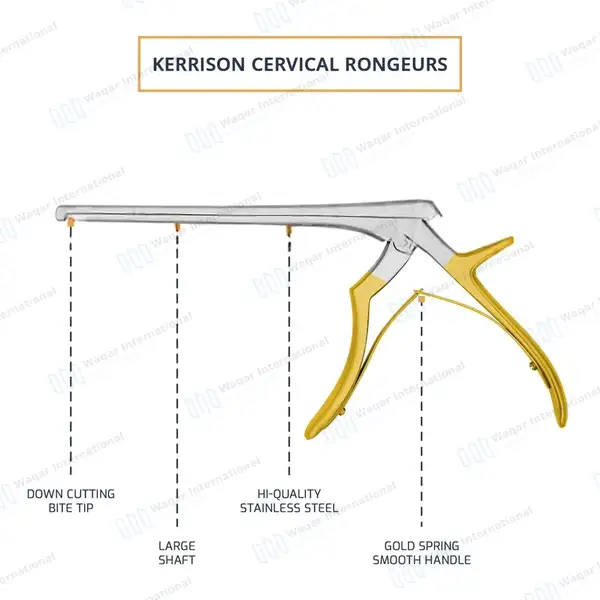 Kerrison Rongeur 7″ Shaft 90° Down Thin Footplate 3mm Bite – Gold - surgical instruments manufactured by Waqar International, Sialkot - view 4