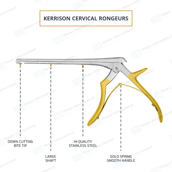 Kerrison Rongeur 7″ Shaft 90° Down Thin Footplate 4mm Bite – Gold - surgical instruments manufactured by Waqar International, Sialkot - view 4