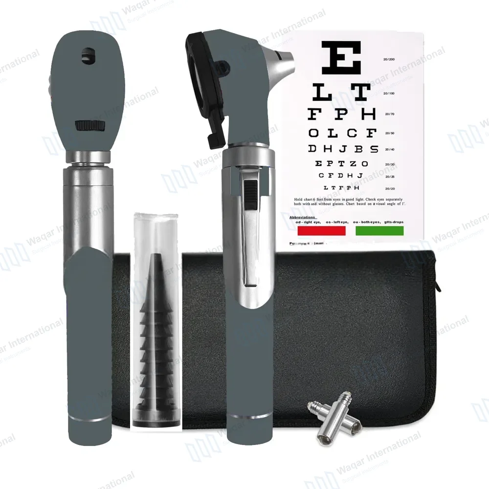 Fiber Optic Mini Otoscope & Ophthalmoscope ENT Diagnostic Set – Gray