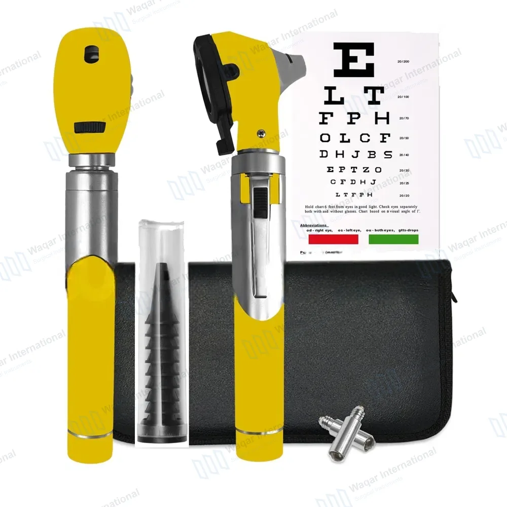 Fiber Optic Mini Otoscope & Ophthalmoscope ENT Diagnostic Set – Yellow