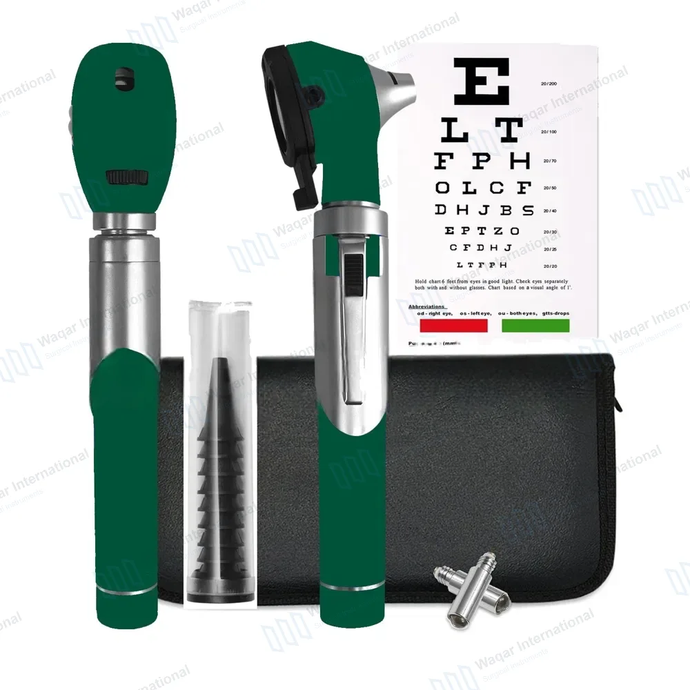 Fiber Optic Mini Otoscope & Ophthalmoscope ENT Diagnostic Set – Hunter Green