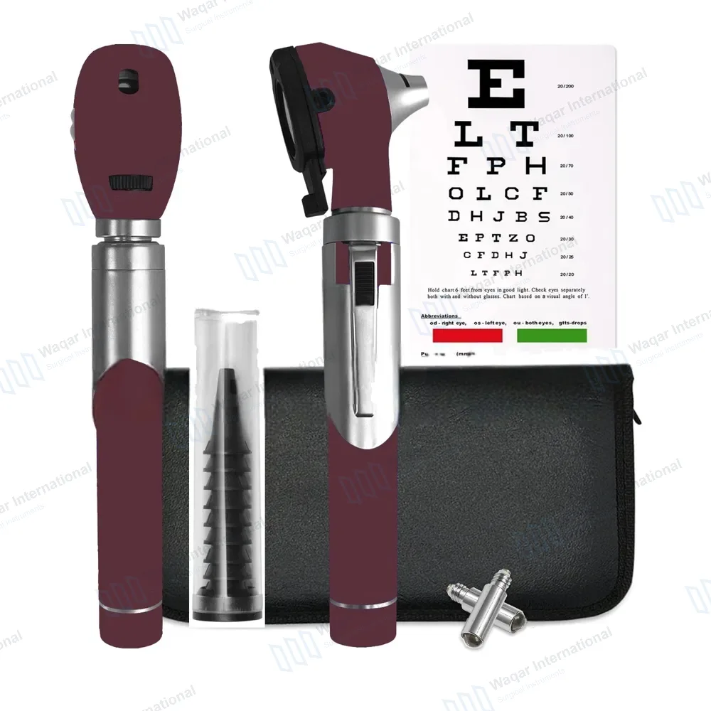 Fiber Optic Mini Otoscope & Ophthalmoscope ENT Diagnostic Set – Burgundy