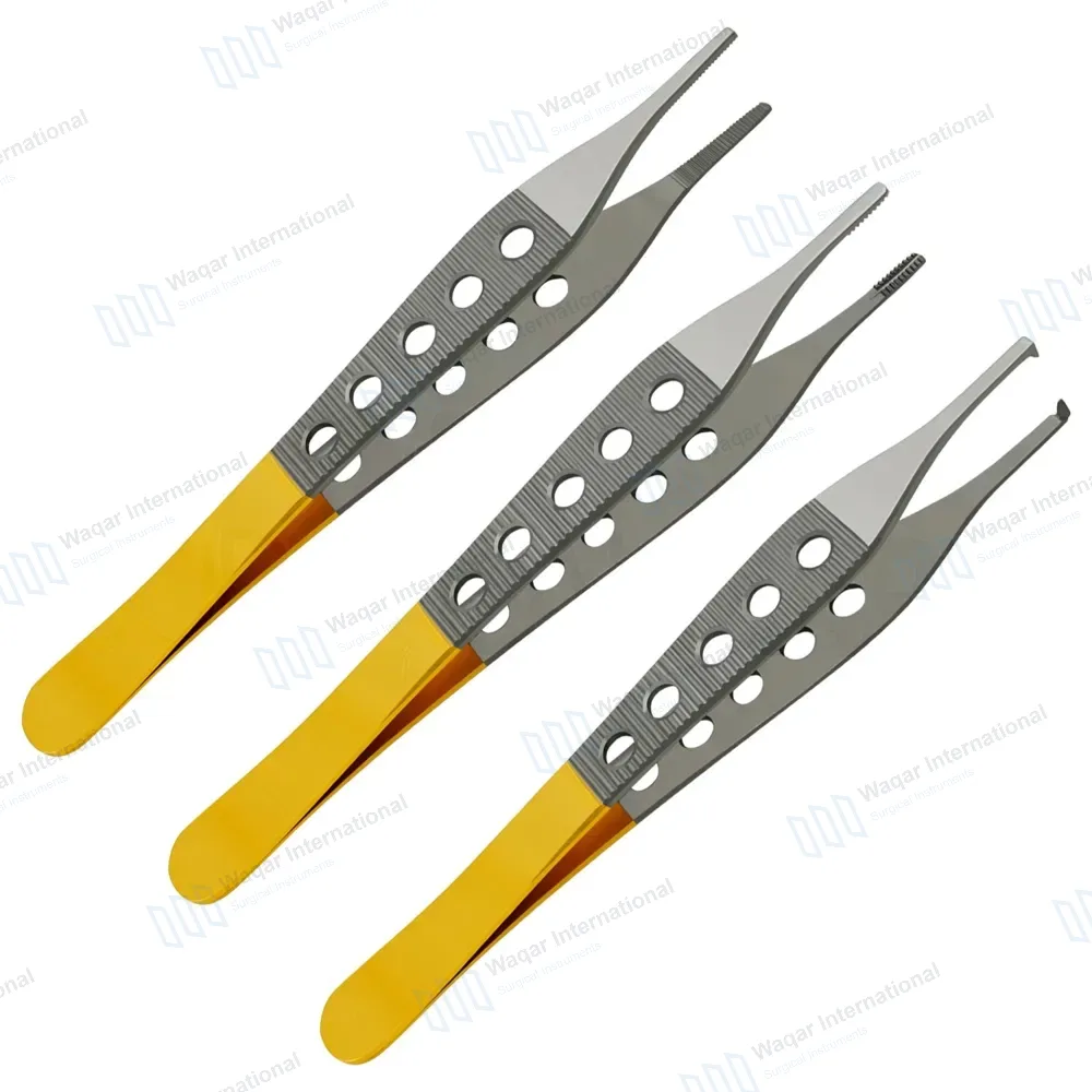 3 Adson Tissue, Brown & Dressing Forceps Set Fenestrated Gold Handle