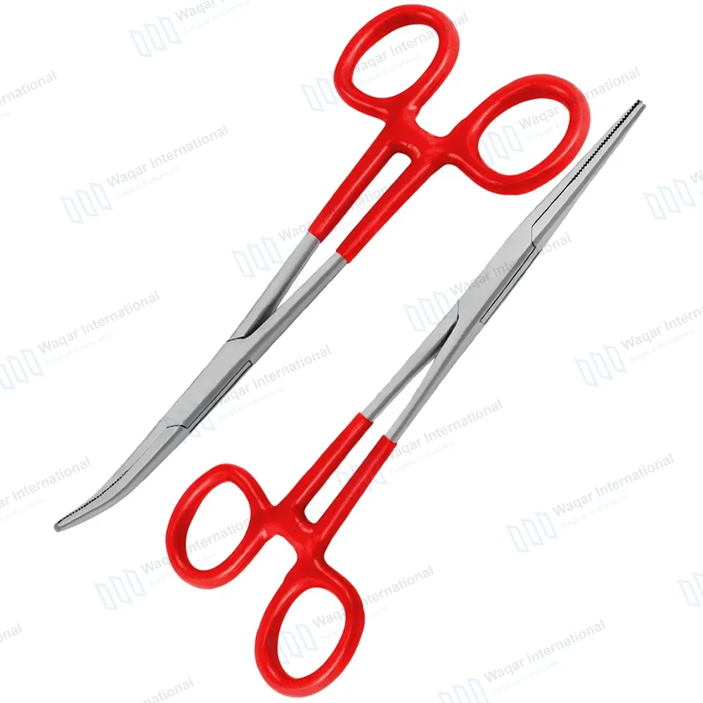 2 Kelly Hemostatic Forceps 6.25″ Straight+Curved Red PVC Handle