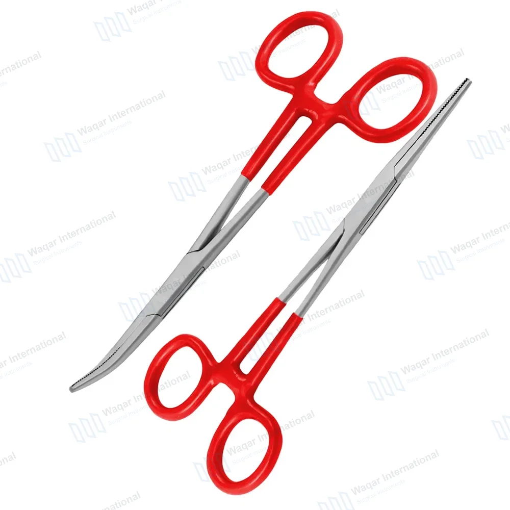 2 Kelly Hemostatic Forceps 5.5″ Straight+Curved Red PVC Handle