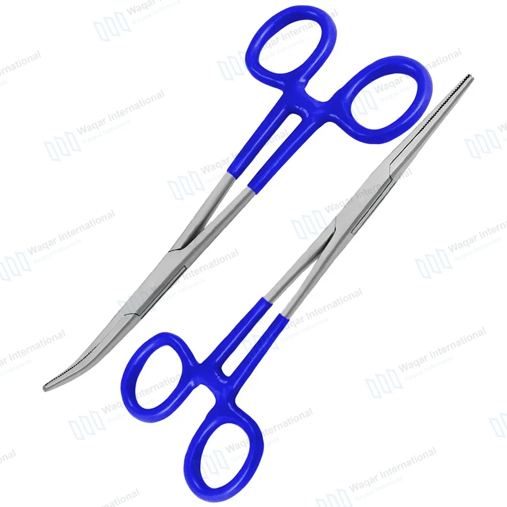 2 Kelly Hemostatic Forceps 6.25″ Straight+Curved Blue PVC Handle