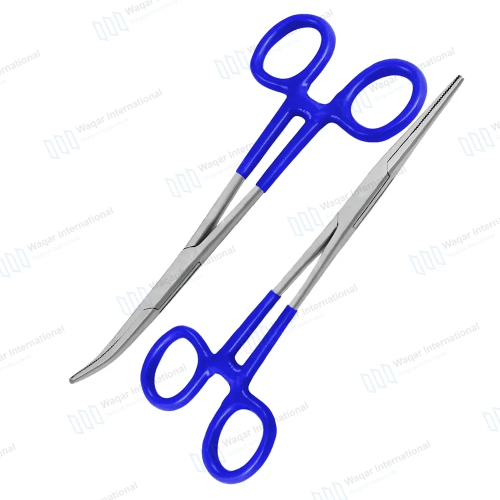 2 Kelly Hemostatic Forceps 5.5″ Straight+Curved Blue PVC Handle