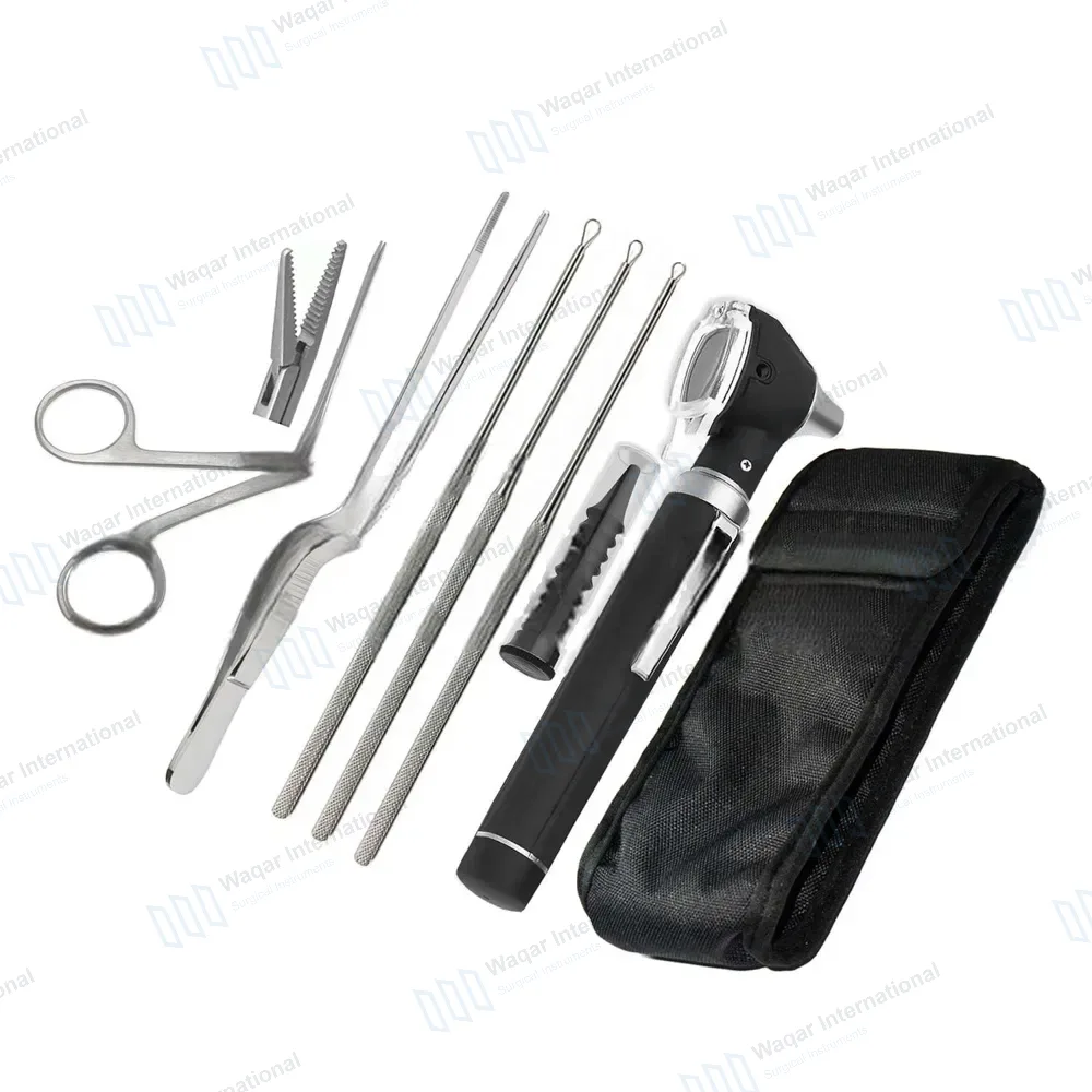 6 Pcs Otoscope Alligator Forcep Adson Baynote & Curette Ear Wax Cleaning Kit