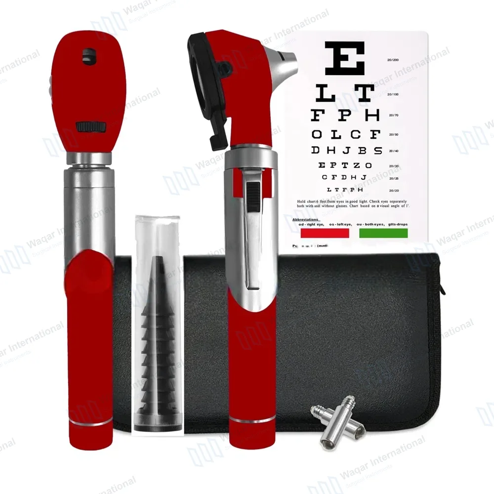 Fiber Optic Mini Otoscope & Ophthalmoscope ENT Diagnostic Set – Red
