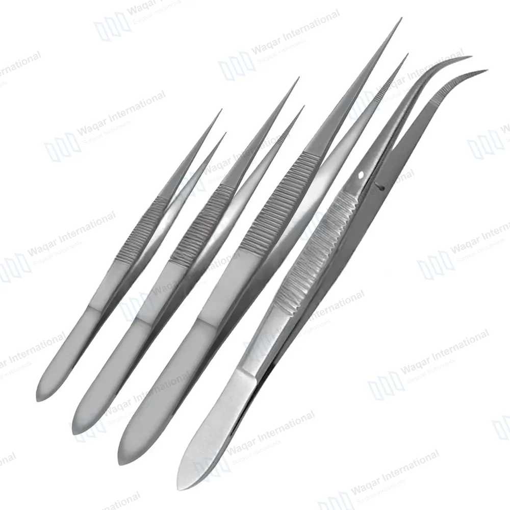4 Pcs Splinter Forceps Set 3.5″, 4.5″, 5″ Straight & Curved Serrated