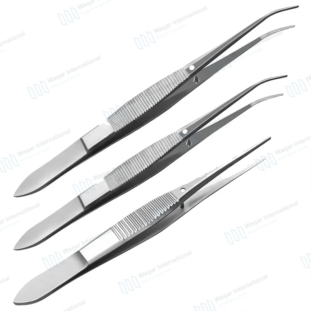 3 Pcs Eye Dressing Forceps 4″ Serrated Straight, Half & Full Curved